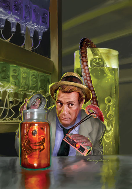 I painted this cover and some interiors for Moonstone Books' "Kolchak the Night Stalker Compendium." To make the portrayal of Kolchak as authentic as possible, I researched the minutia of Darren McGavin's beloved character. I found that folks had already discovered the type of cameras he used. (In this case a miniature Rollei 16mm camera.) There's even a source for buying an identical copy of Carl's trademark straw hat for only $650.